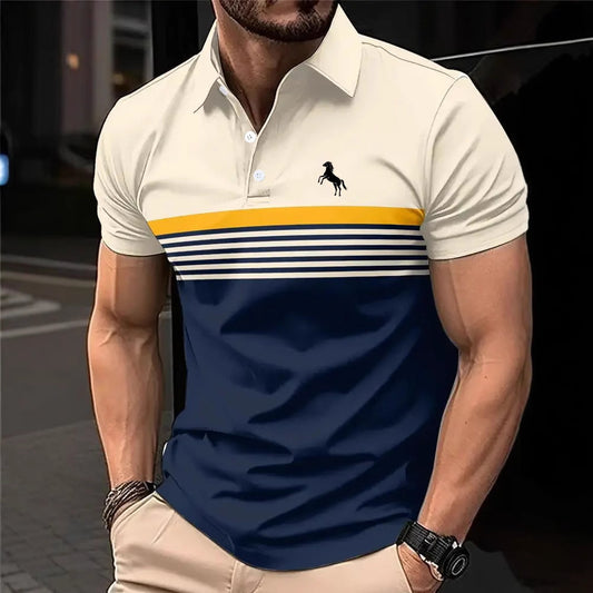 Chemise de golf à col avec design coloré en blocs rayés pour hommes, style décontracté.